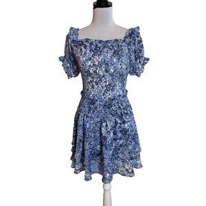 Express 2 Piece Set Off Shoulder Smocked Floral Dress Size M Blue White Crop Top